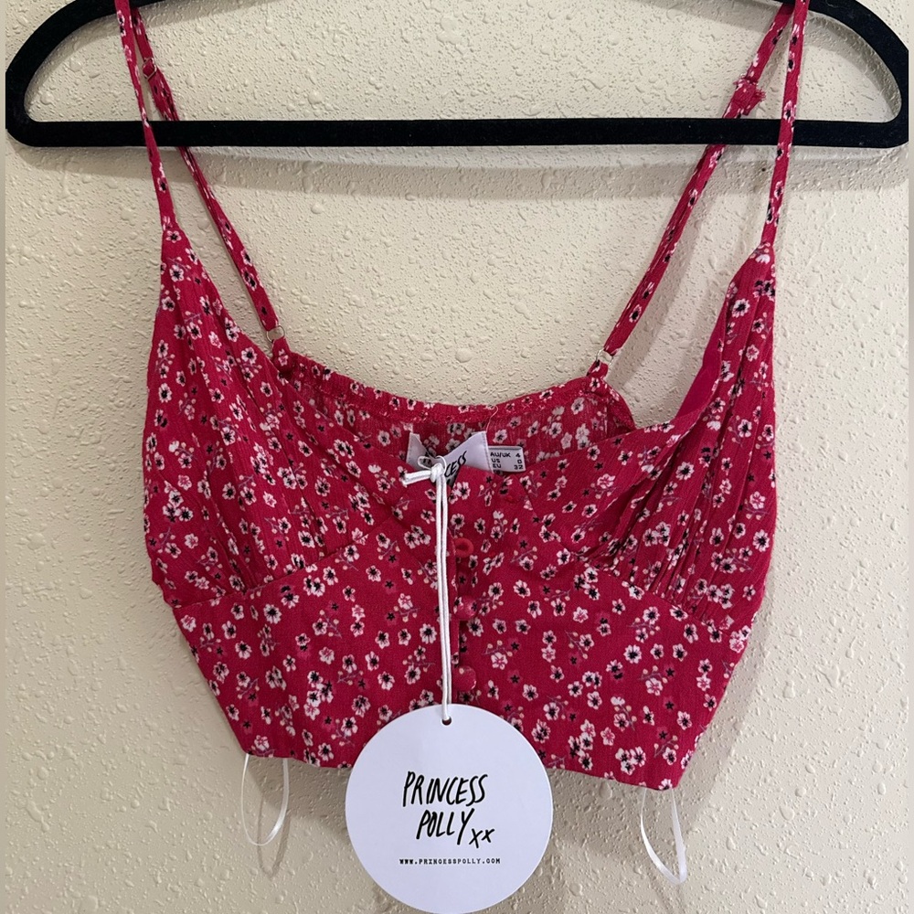 NWT Princess Polly Shah Red Floral Button Front Cropped Tank Top Size 0